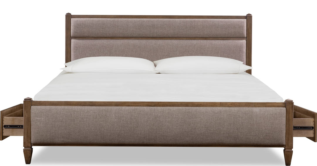 Ascott Upholstered Storage Bed — front view with storage drawers open