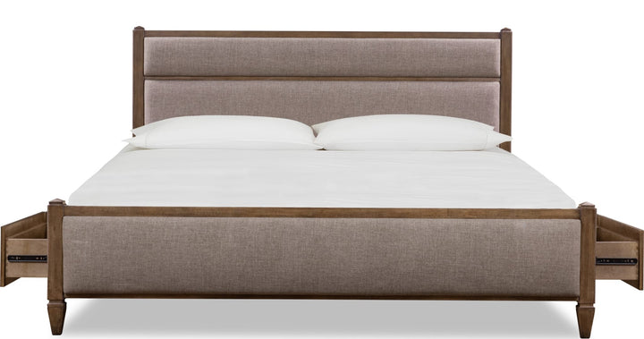 Ascott Upholstered Storage Bed — front view with storage drawers open