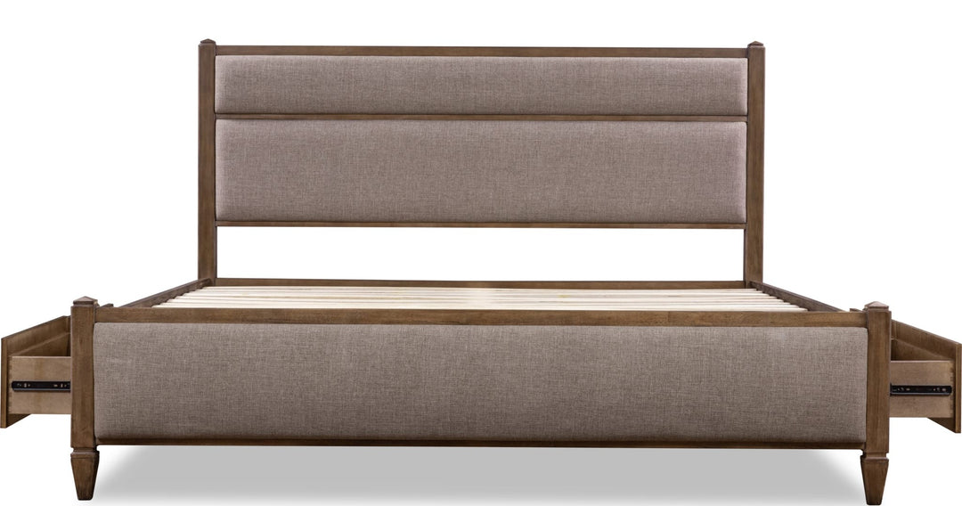 Ascott Upholstered Storage Bed — front view without mattress, drawers open