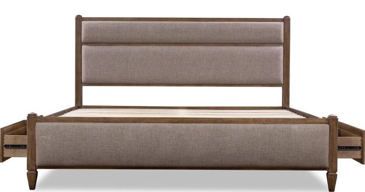 Ascott Upholstered Storage Bed — front view without mattress, drawers open