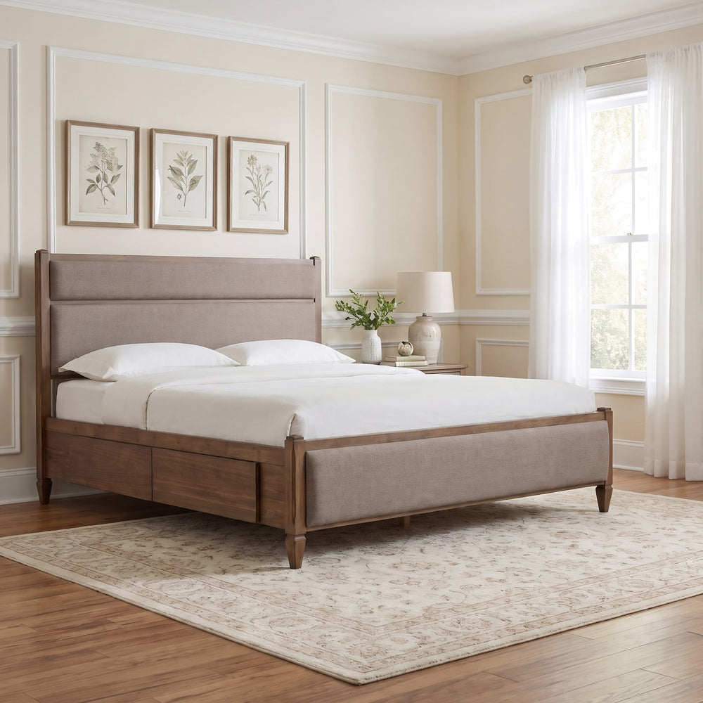 Ascott Upholstered Storage Bed styled in a bedroom