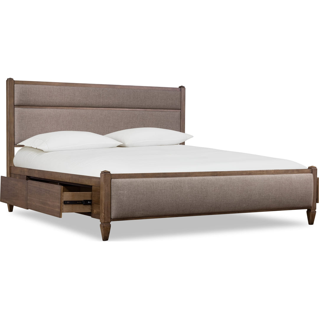 Ascott Upholstered Storage Bed — angled view with storage drawers open