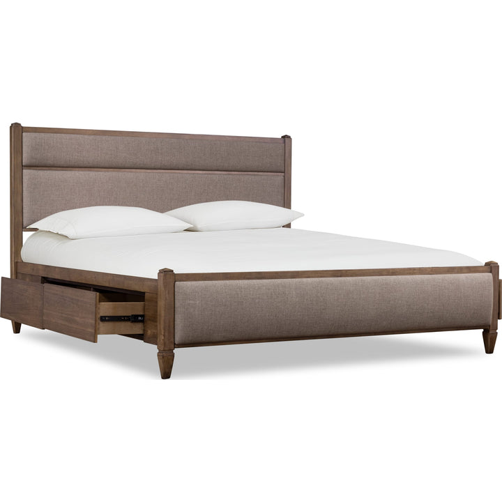 Ascott Upholstered Storage Bed — angled view with storage drawers open