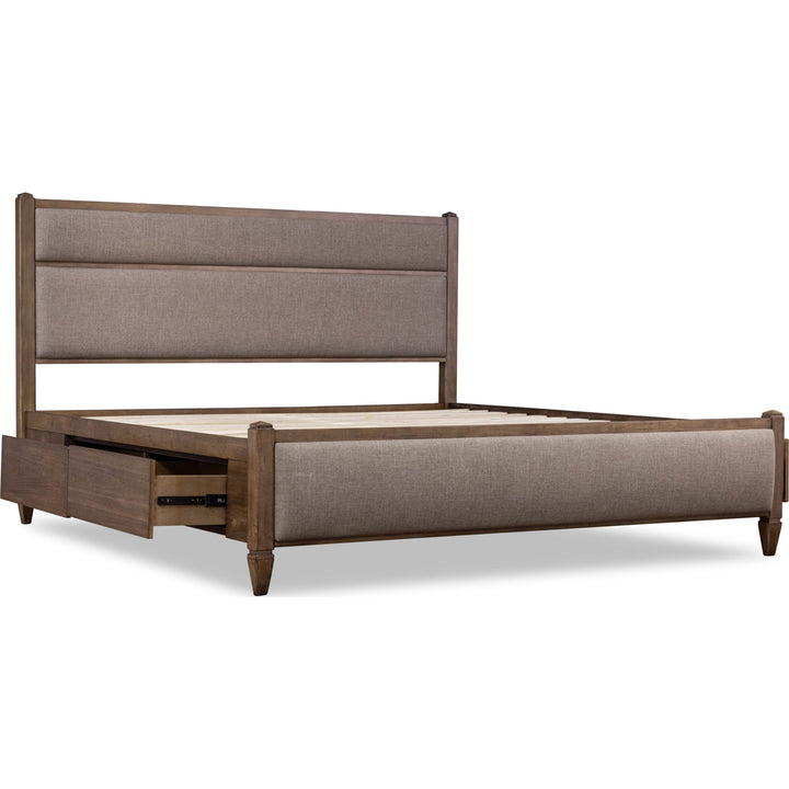 Ascott Upholstered Storage Bed — angled view without mattress, drawers open