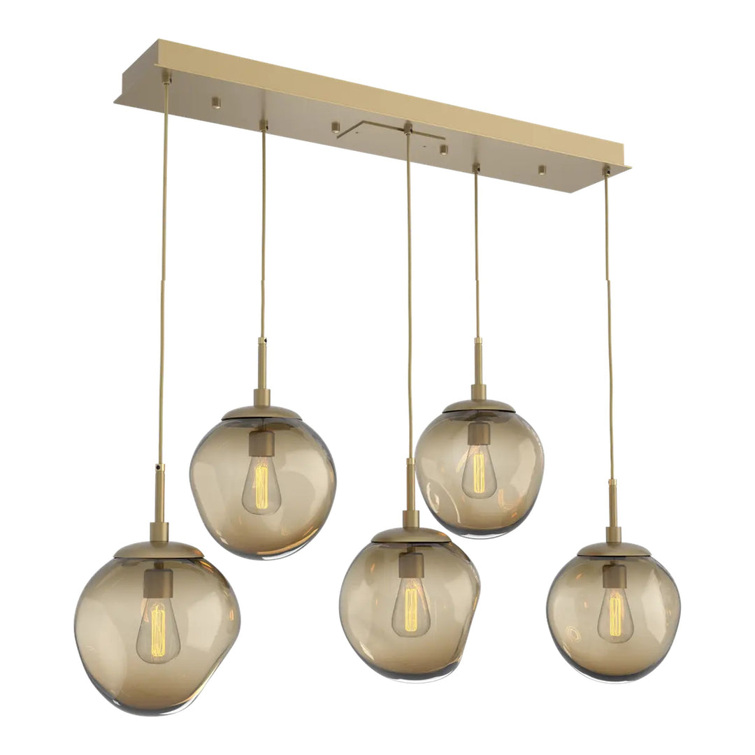 Aster Linear Pendant Chandelier by Hammerton Studio 5 Lights in Gilded Brass with Bronze glass (E26)