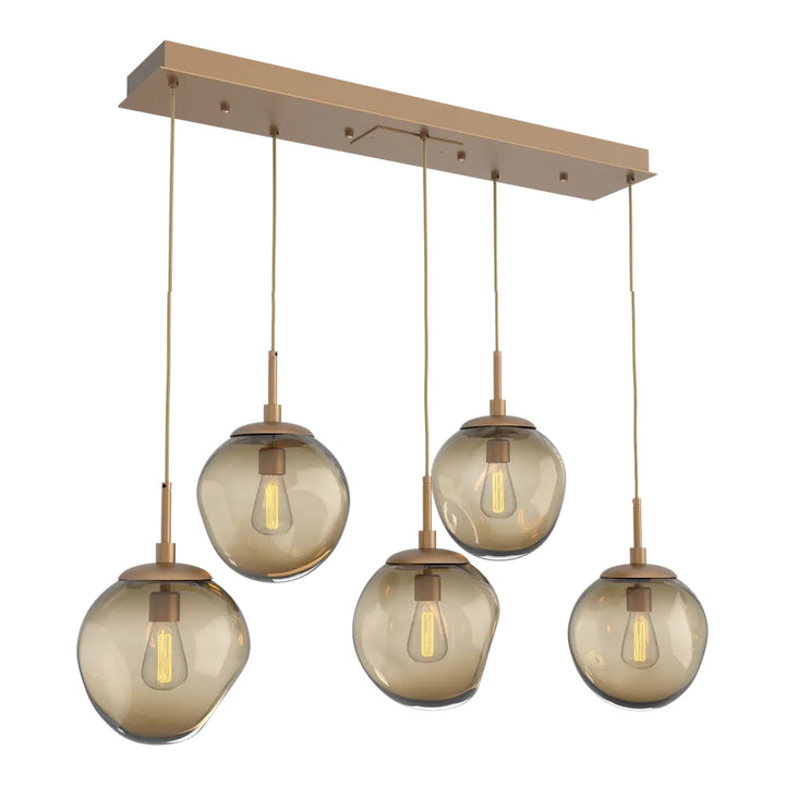 Aster Linear Pendant Chandelier by Hammerton Studio 5 Lights in Novel Brass with Bronze glass (E26)