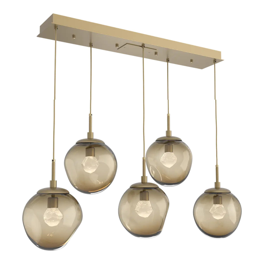 Aster Linear Pendant Chandelier by Hammerton Studio 5 Lights in Gilded Brass with Bronze glass (LED)