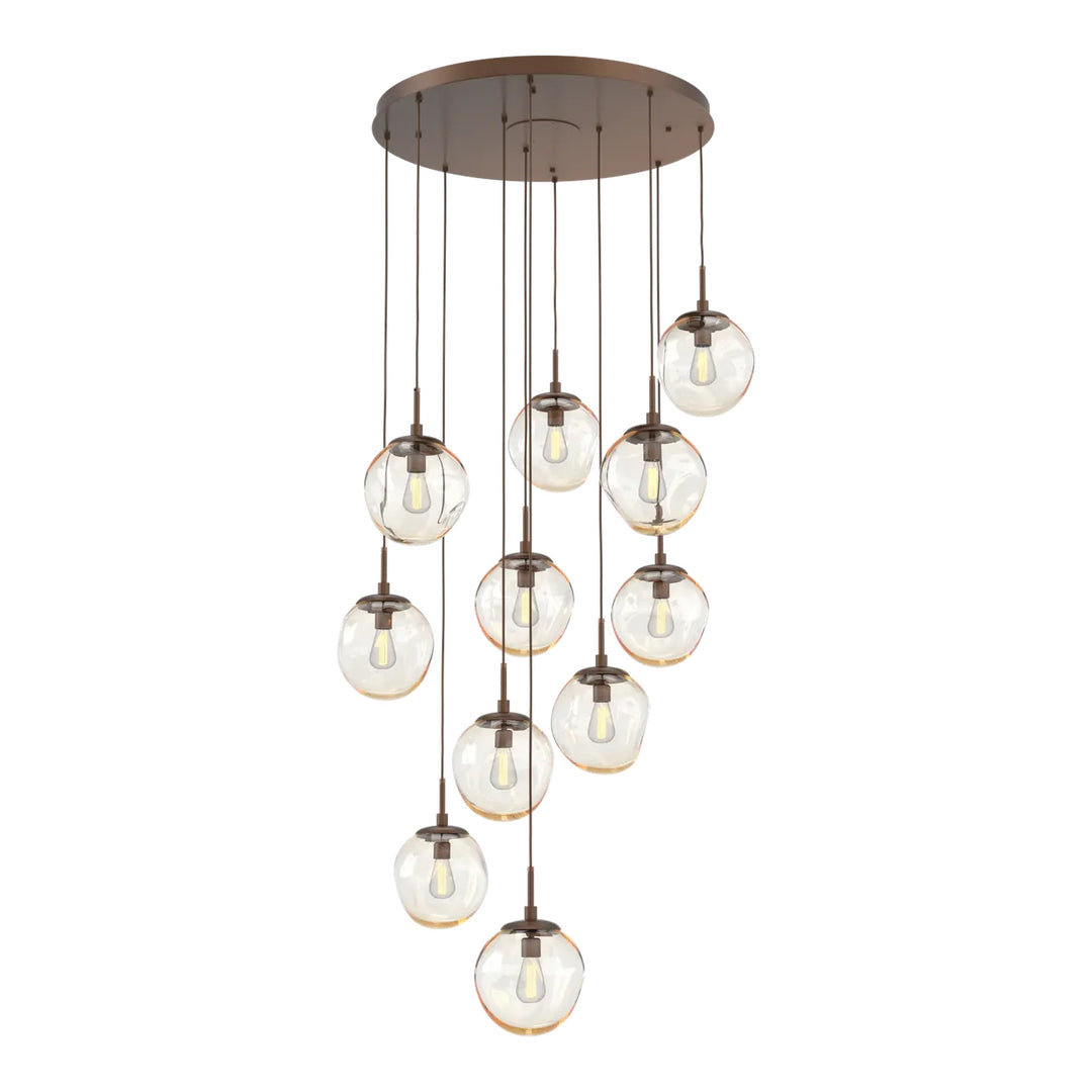 Aster Round Pendant Chandelier by Hammerton Studio 11 Lights in Burnished Bronze with Amber glass on adjustable cord (E26)