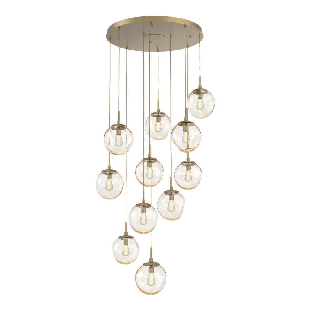 Aster Round Pendant Chandelier by Hammerton Studio 11 Lights in Gilded Brass with Amber glass on adjustable cord (E26)