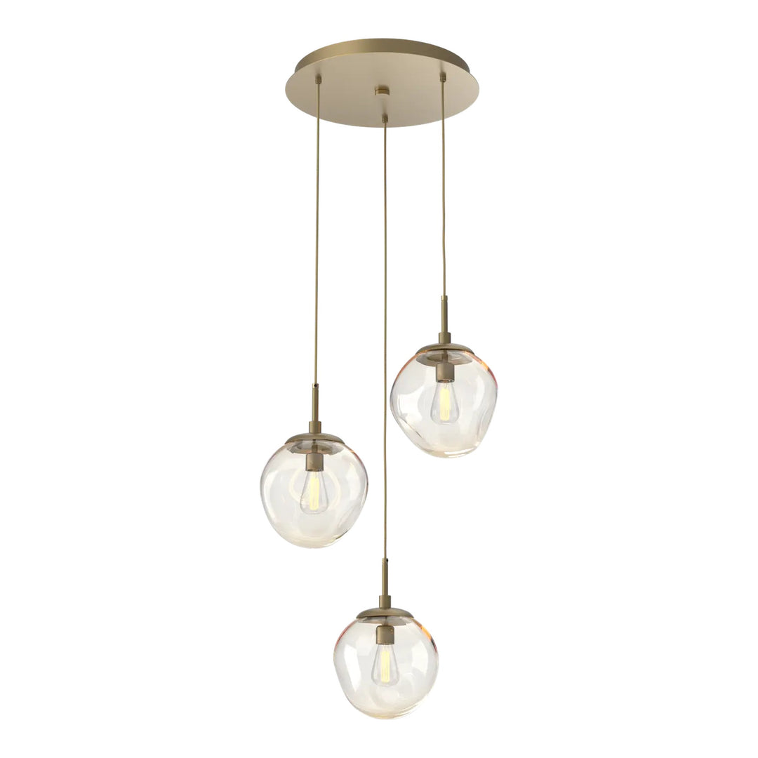 Aster Round Pendant Chandelier by Hammerton Studio 3 Lights in Gilded Brass with Amber glass on adjustable cord (E26)