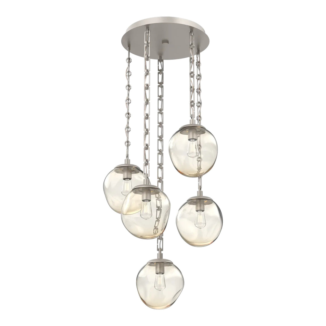 Aster Round Pendant Chandelier by Hammerton Studio 5 Lights in Beige Silver with Amber glass on chain (E26)