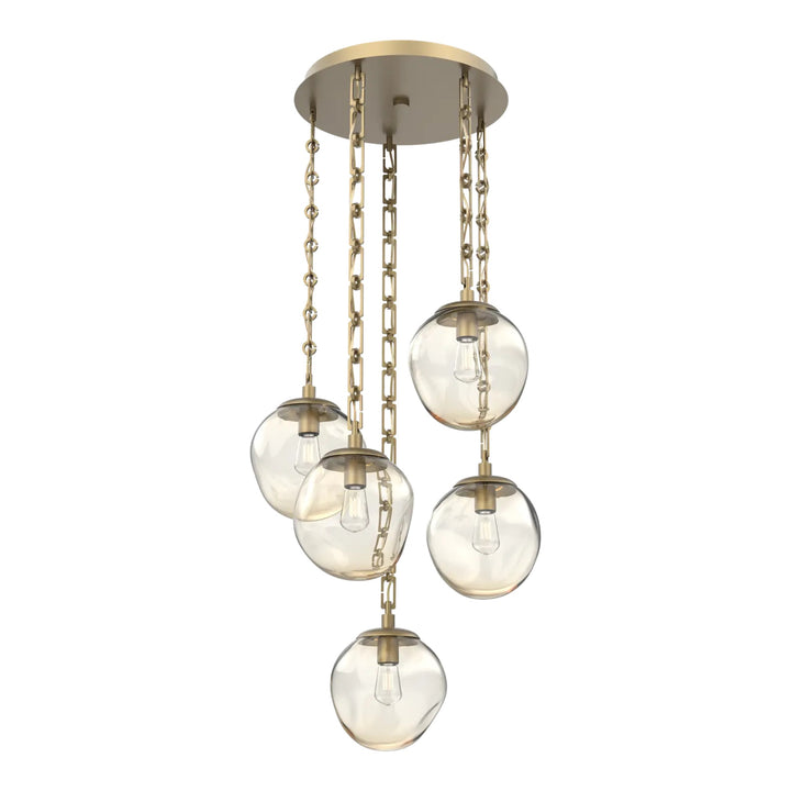 Aster Round Pendant Chandelier by Hammerton Studio 5 Lights in Gilded Brass with Amber glass on chain (E26)