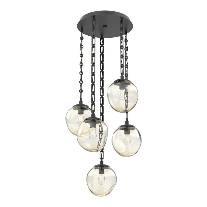 Aster Round Pendant Chandelier by Hammerton Studio 5 Lights in Matte Black with Amber glass on chain (E26)