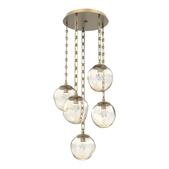Aster Round Pendant Chandelier by Hammerton Studio 5 Lights in Gilded Brass with Amber glass on chain (LED)