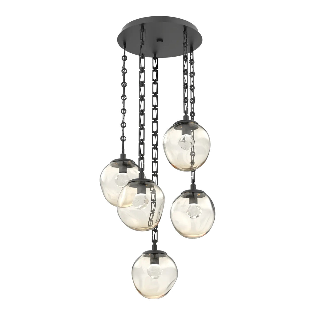 Aster Round Pendant Chandelier by Hammerton Studio 5 Lights in Matte Black with Amber glass on chain (LED)