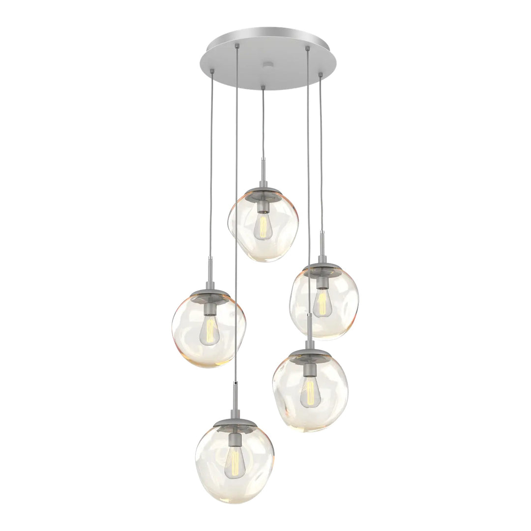 Aster Round Pendant Chandelier by Hammerton Studio 5 Lights in Classic Silver with Amber glass on adjustable cord (E26)