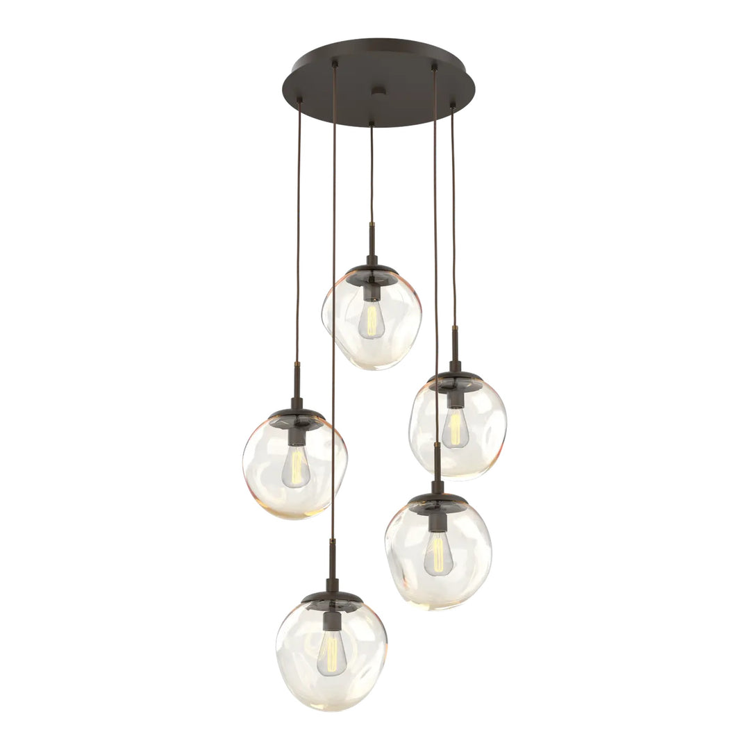 Aster Round Pendant Chandelier by Hammerton Studio 5 Lights in Flat Bronze with Amber glass on adjustable cord (E26)