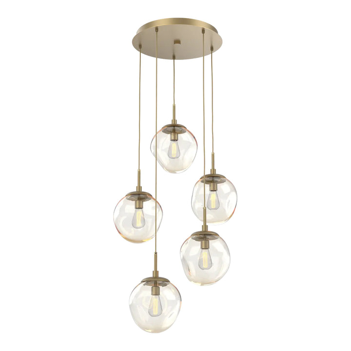 Aster Round Pendant Chandelier by Hammerton Studio 5 Lights in Gilded Brass with Amber glass on adjustable cord (E26)