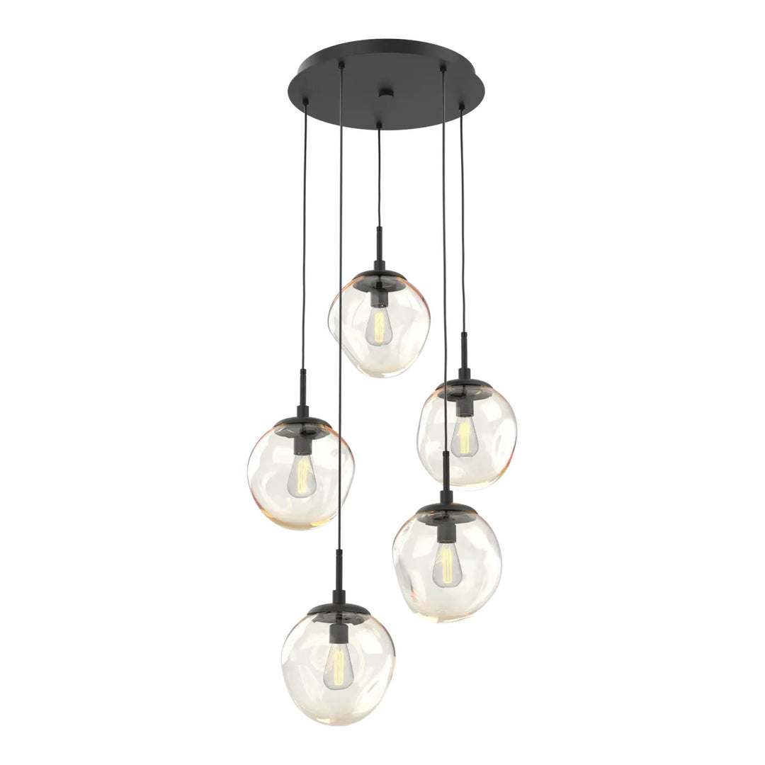 Aster Round Pendant Chandelier by Hammerton Studio 5 Lights in Matte Black with Amber glass on adjustable cord (E26)