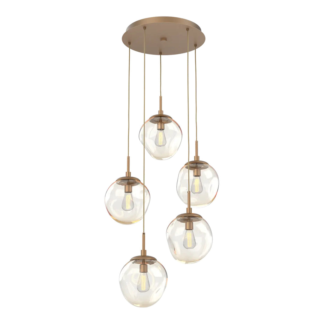 Aster Round Pendant Chandelier by Hammerton Studio 5 Lights in Novel Brass with Amber glass on adjustable cord (E26)