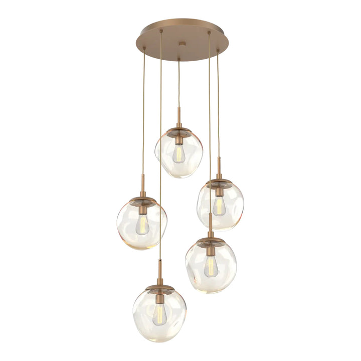 Aster Round Pendant Chandelier by Hammerton Studio 5 Lights in Novel Brass with Amber glass on adjustable cord (E26)
