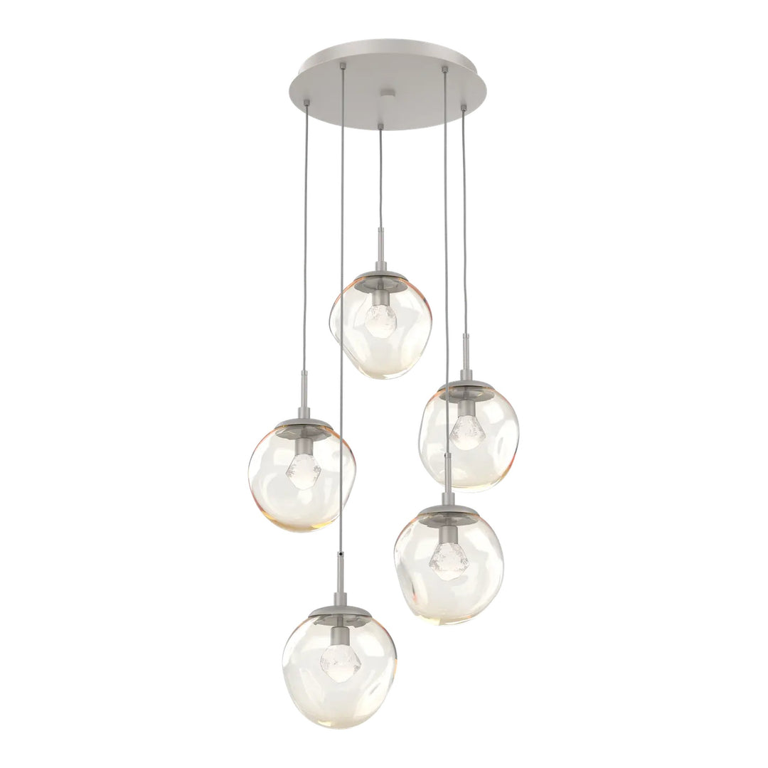 Aster Round Pendant Chandelier by Hammerton Studio 5 Lights in Beige Silver with Amber glass on adjustable cord (LED)