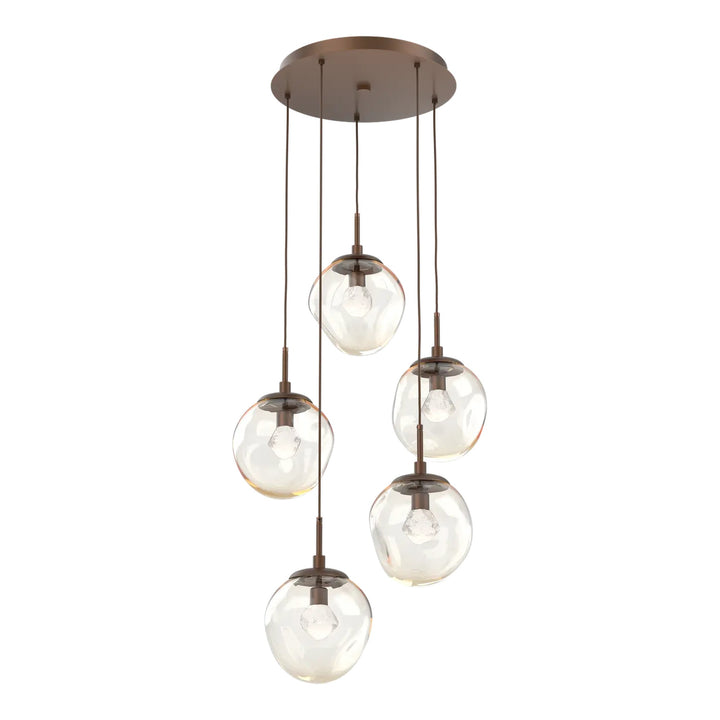 Aster Round Pendant Chandelier by Hammerton Studio 5 Lights in Burnished Bronze with Amber glass on adjustable cord (LED)