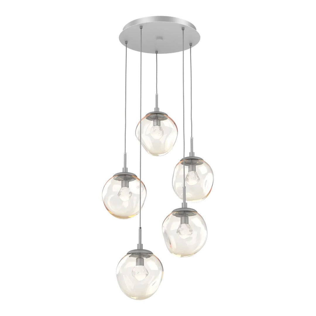 Aster Round Pendant Chandelier by Hammerton Studio 5 Lights in Classic Silver with Amber glass on adjustable cord (LED)