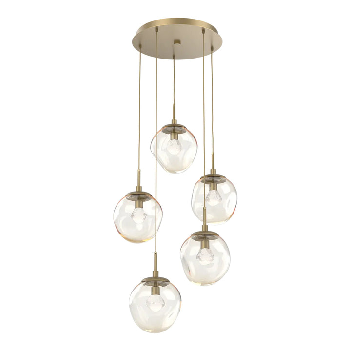 Aster Round Pendant Chandelier by Hammerton Studio 5 Lights in Gilded Brass with Amber glass on adjustable cord (LED)