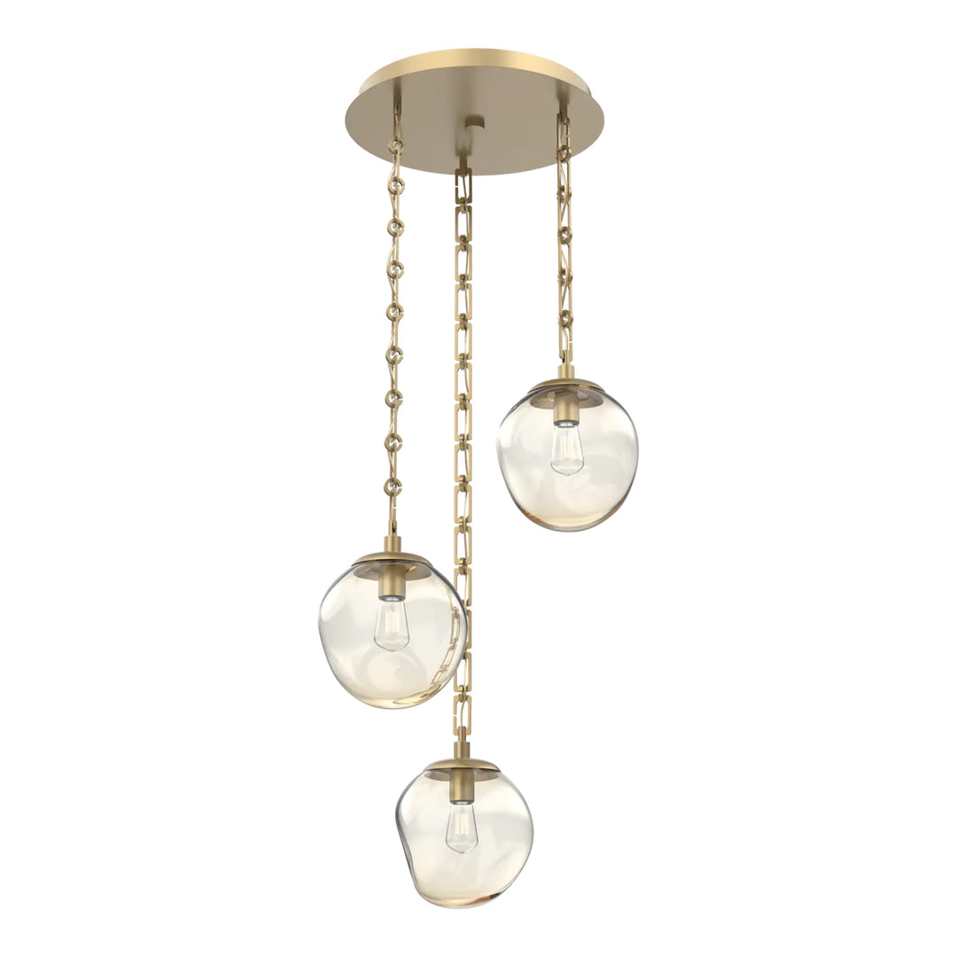 Aster Round Pendant Chandelier by Hammerton Studio 3 Lights in Gilded Brass with Amber glass on chain (E26)