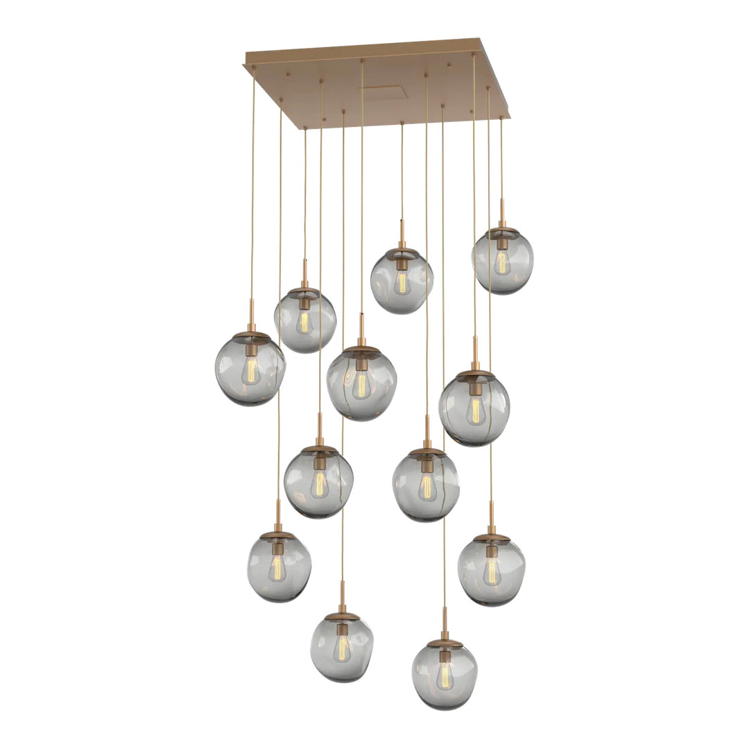 Aster Square Pendant Chandelier by Hammerton Studio 12 Lights in Novel Brass with Smoke glass (E26)