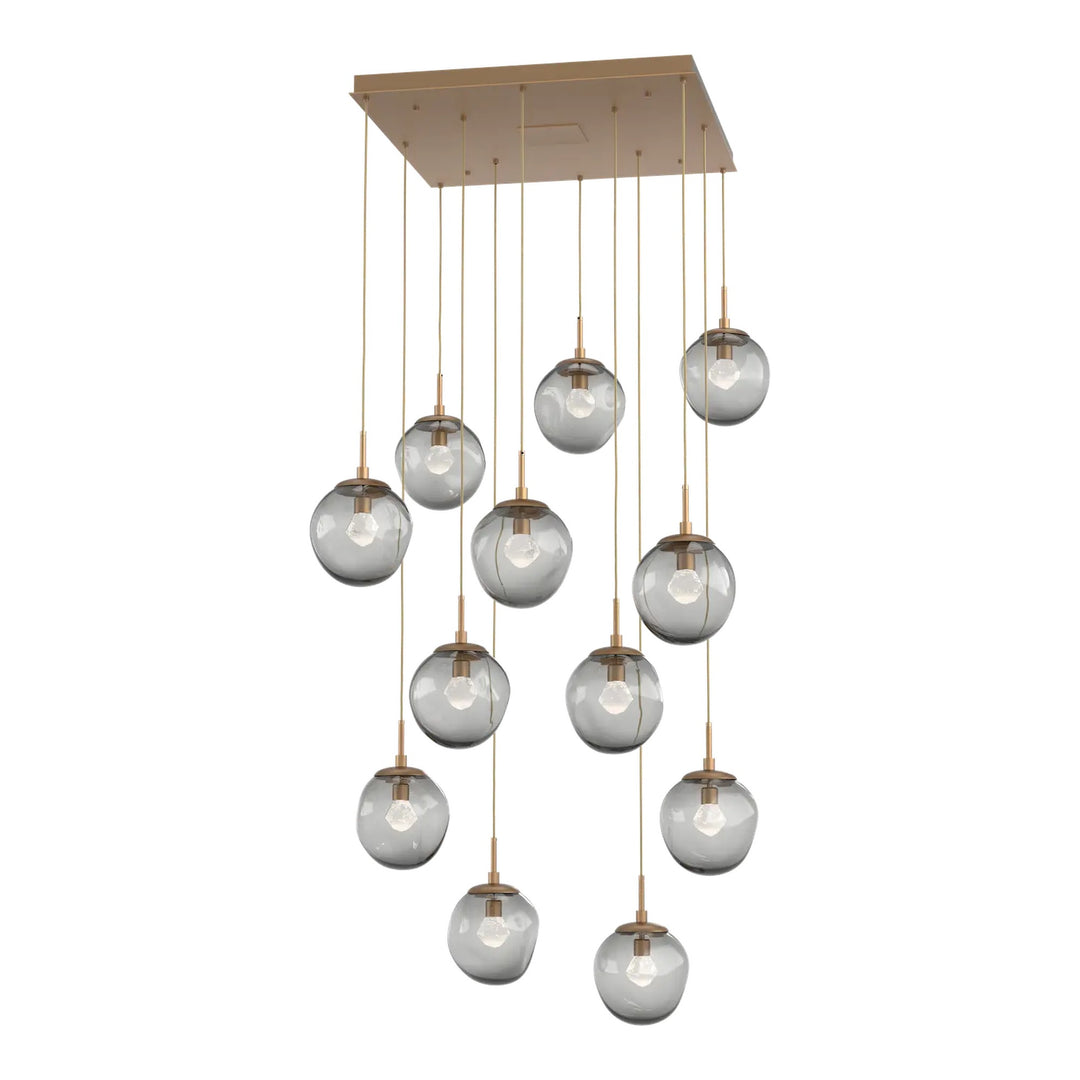 Aster Square Pendant Chandelier by Hammerton Studio 12 Lights in Novel Brass with Smoke glass (LED)