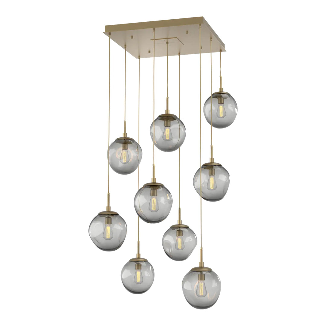 Aster Square Pendant Chandelier by Hammerton Studio 9 Lights in Gilded Brass with Smoke glass (E26)
