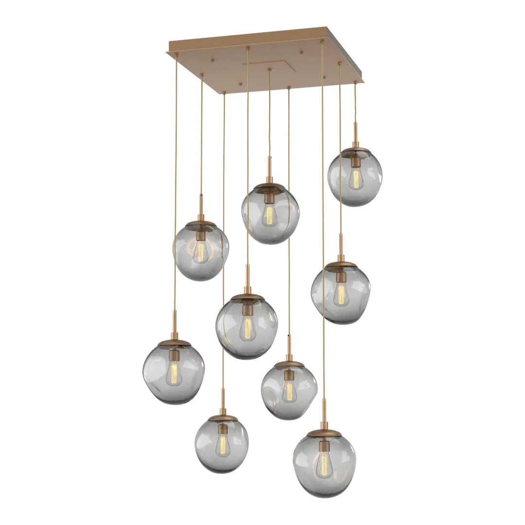 Aster Square Pendant Chandelier by Hammerton Studio 9 Lights in Novel Brass with Smoke glass (E26)