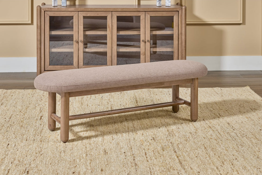 Astor Oval Upholstered Dining Bench in Wheat Bread and Claystone — lifestyle photo