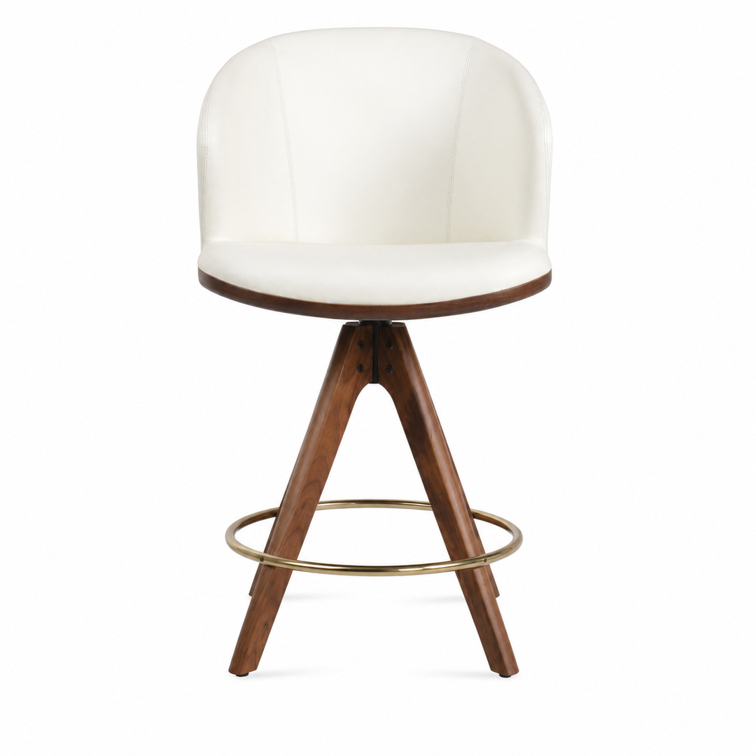 Athena Pyramid Wood Swivel Stool — white upholstery, walnut base and brass footrest, front view