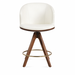 Athena Pyramid Wood Swivel Stool — white upholstery, walnut base and brass footrest, front view