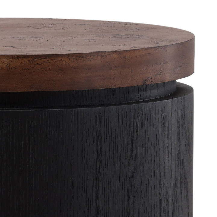 Aven Burl Side Table, base and finish detail
