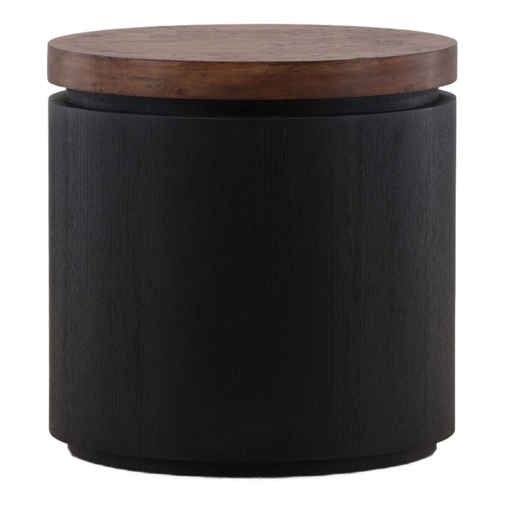 Aven Burl Side Table, three-quarter studio view