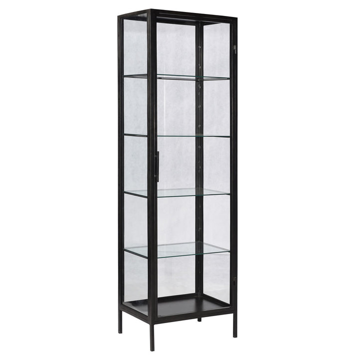 Benton Slim Glass Storage Cabinet, three-quarter studio view
