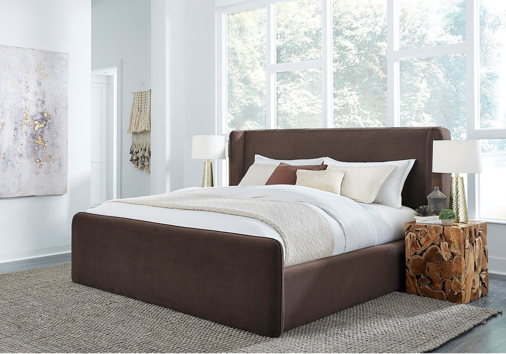 Bacall Velvet Upholstered Wingback Platform Bed in Cola styled in a bedroom