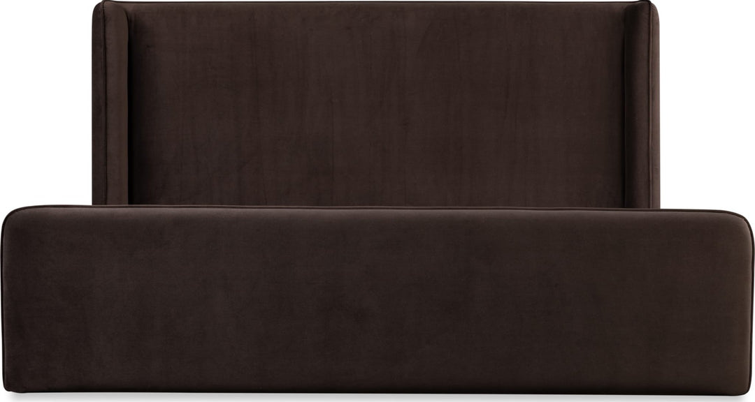 Bacall Velvet Upholstered Wingback Platform Bed in Cola — front view without bedding