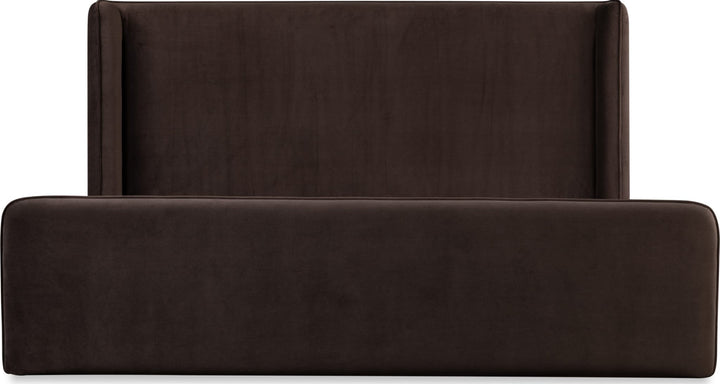 Bacall Velvet Upholstered Wingback Platform Bed in Cola — front view without bedding
