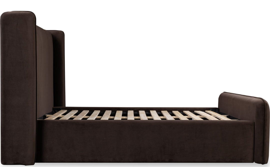 Bacall Velvet Upholstered Wingback Platform Bed in Cola — side view without mattress