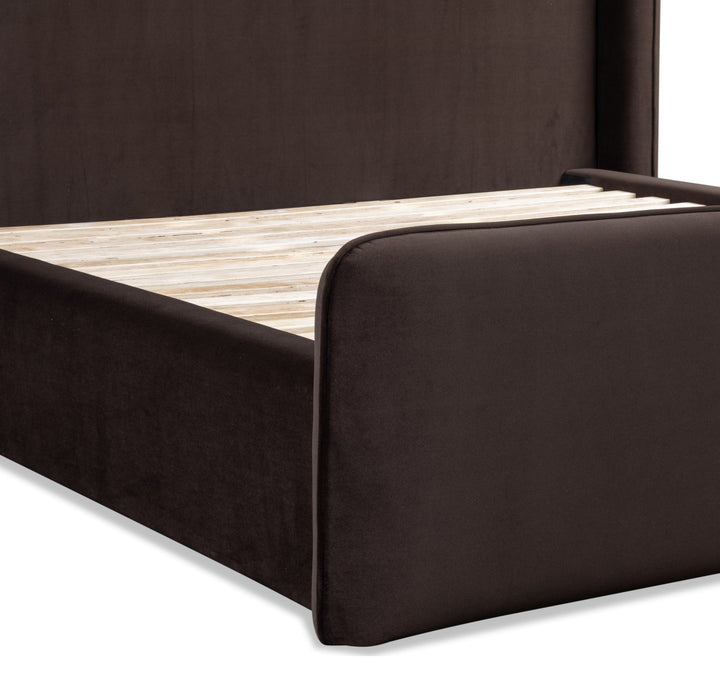 Bacall Velvet Upholstered Wingback Platform Bed in Cola — close-up of the footboard and slats