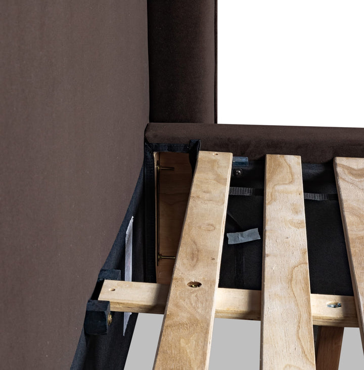 Bacall Velvet Upholstered Wingback Platform Bed in Cola — close-up of the wooden center rail and slats