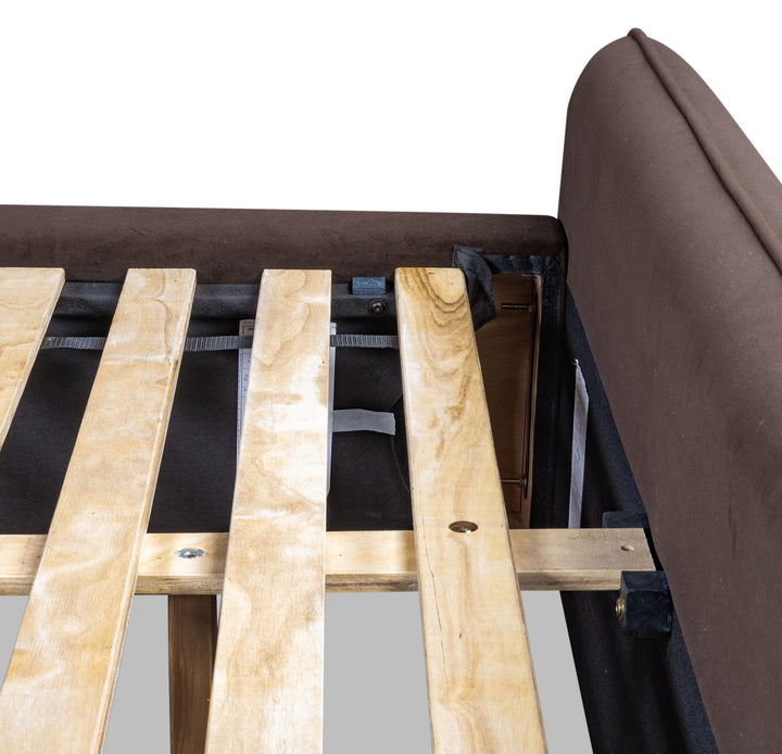 Bacall Velvet Upholstered Wingback Platform Bed in Cola — detail of the plywood cross slats