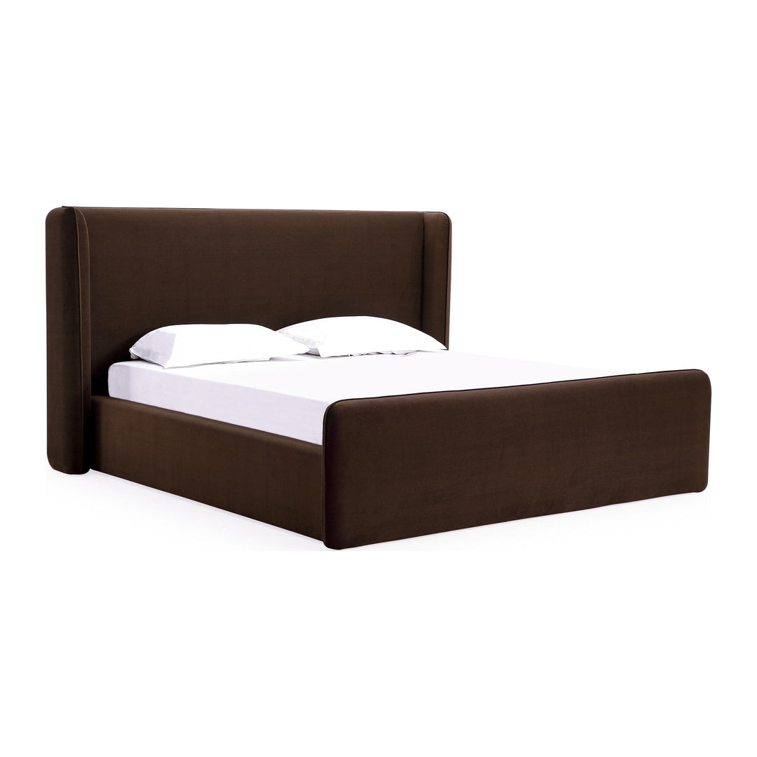 Bacall Velvet Upholstered Wingback Platform Bed by Modus in Cola — white background, angled view