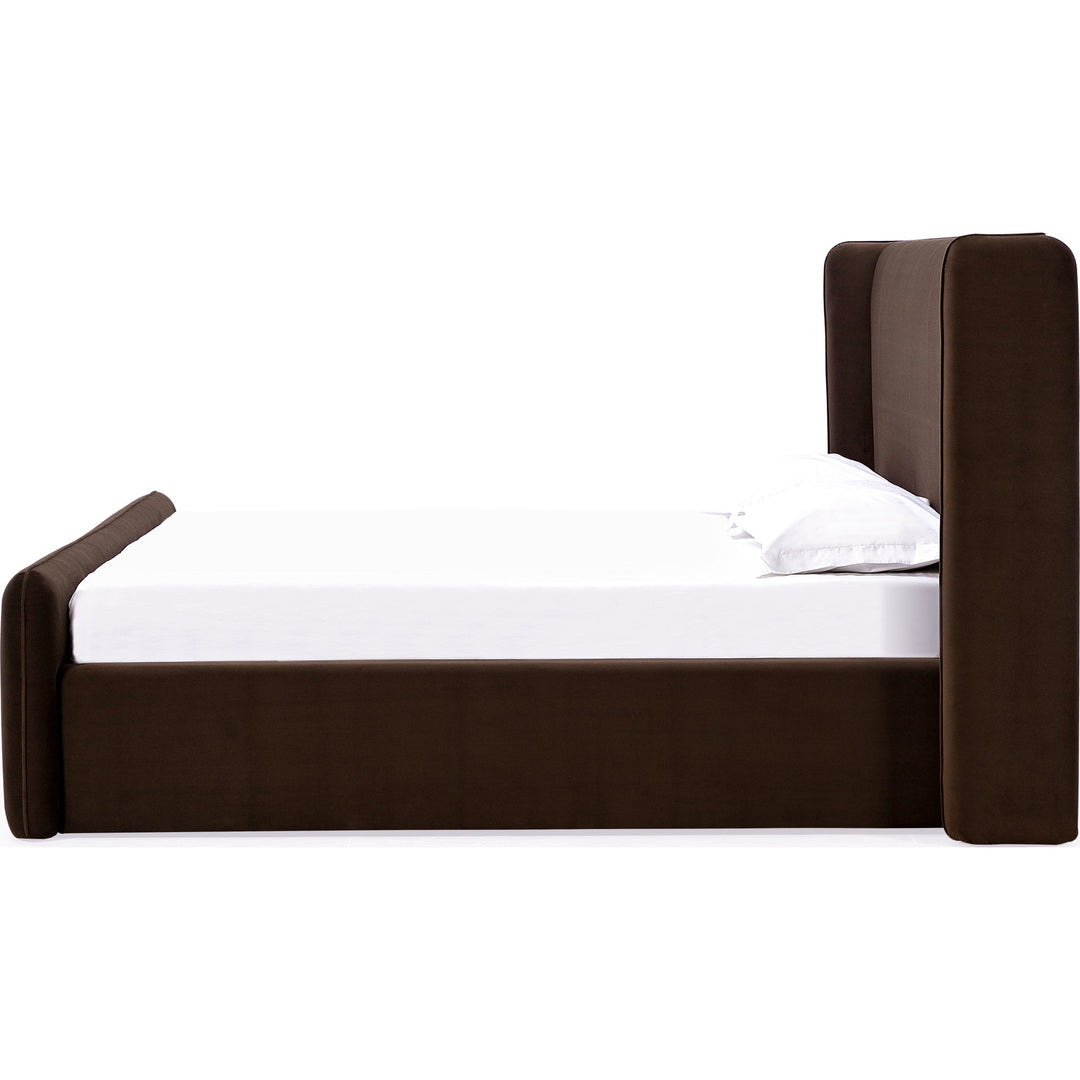 Bacall Velvet Upholstered Wingback Platform Bed in Cola — white background, side profile