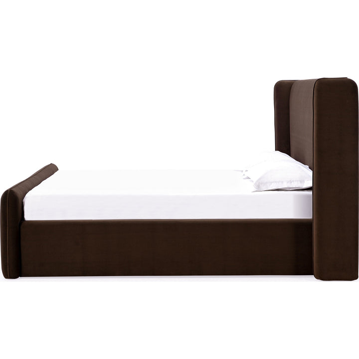 Bacall Velvet Upholstered Wingback Platform Bed in Cola — white background, side profile